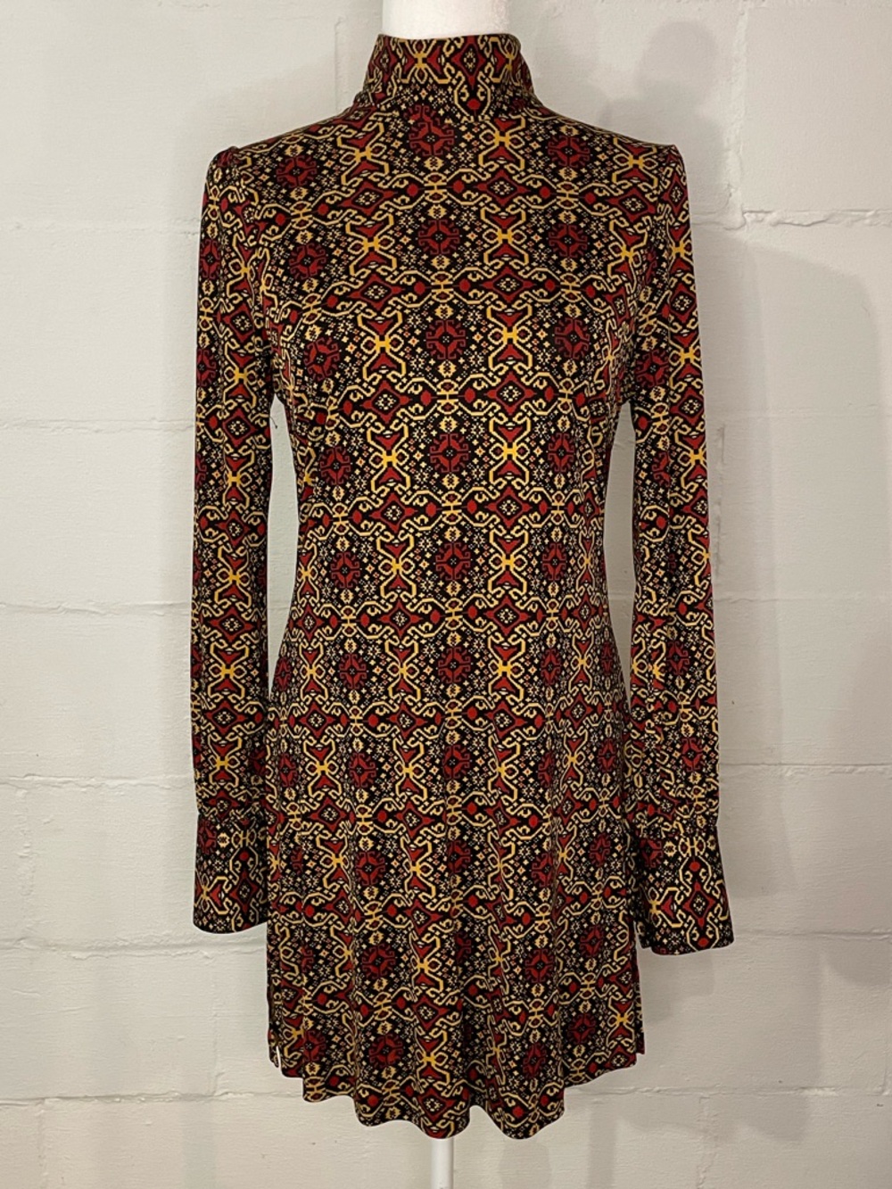 Nieves Lavi Red and Black Geometric Mock Neck Mini Dress